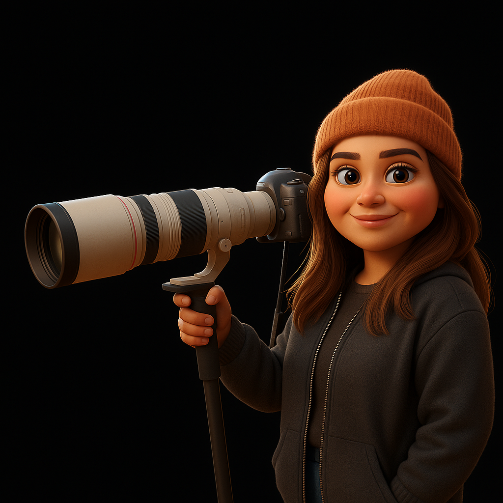 cartoon image of owner in a black sweater hold a sports camera